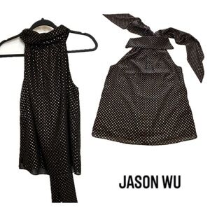 Jason Wu Polka Dot No Sleeve Draped Neck Top with Scarf Sheer Black Gold NWT